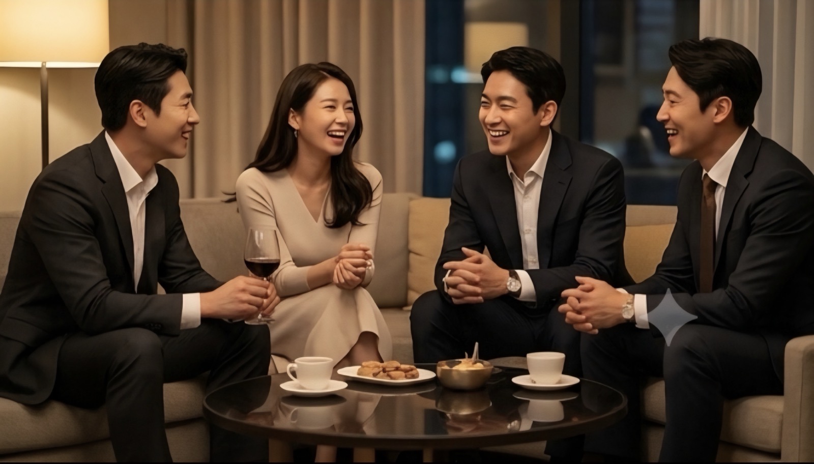 Friends laughing together over wine and coffee