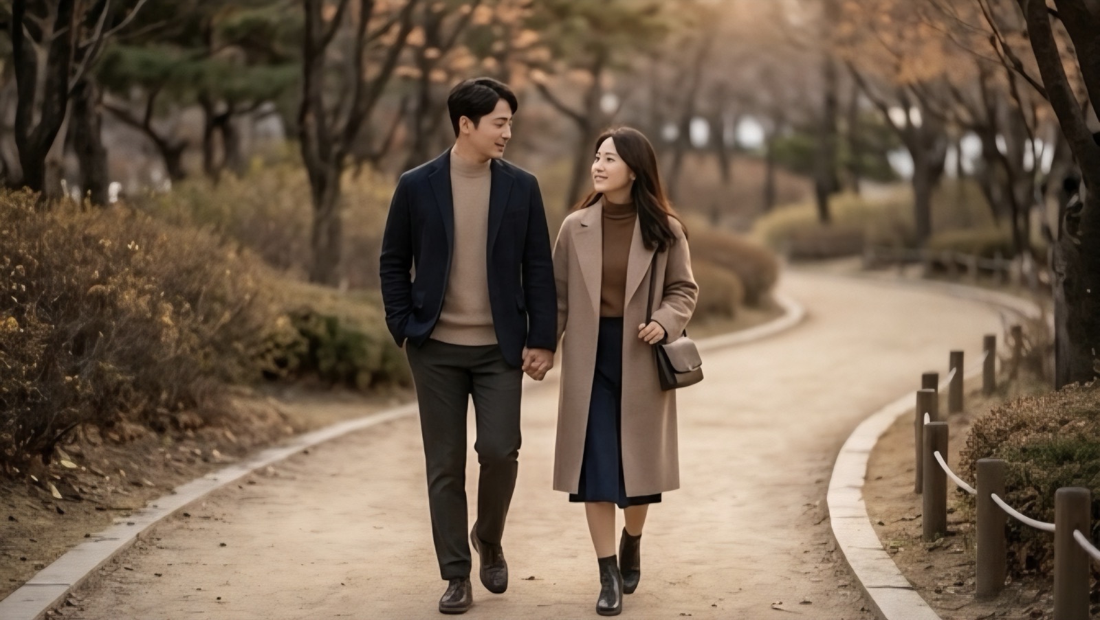 A couple walking hand in hand through an autumn park