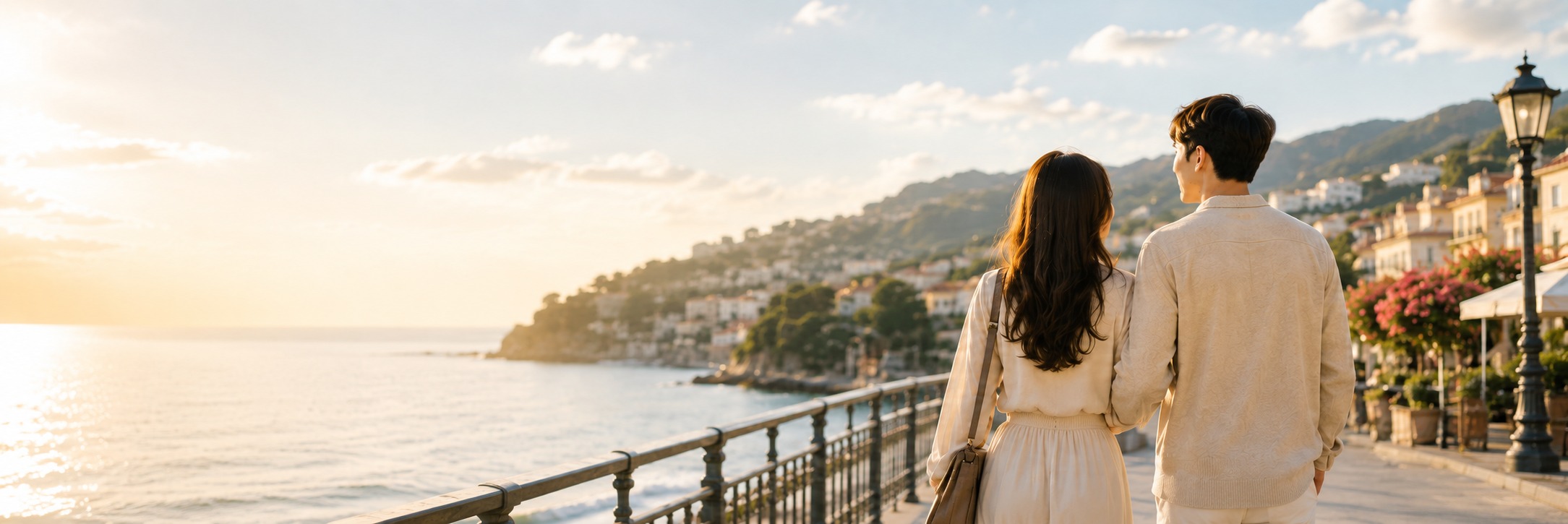 Couple walking a coastal town at sunset