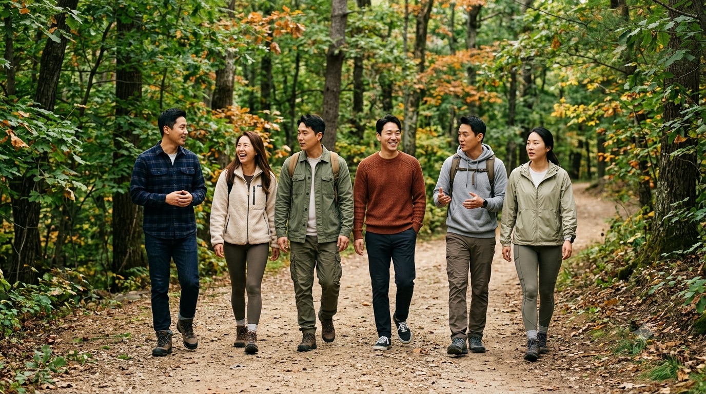 Group of friends hiking together on a forest trail