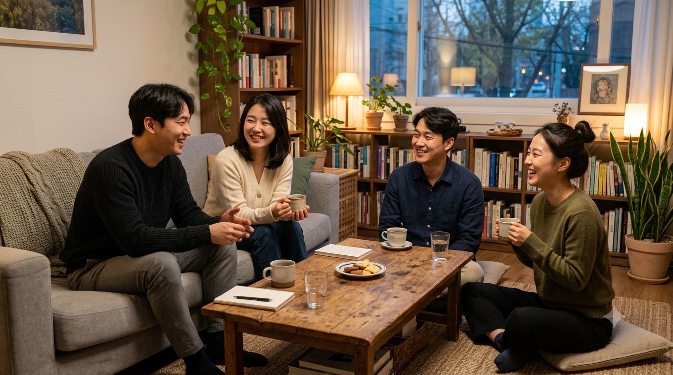 Friends chatting warmly in a cozy living room