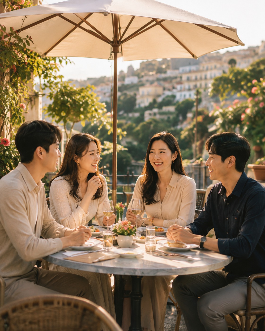 Group of friends sharing a meal on a terrace