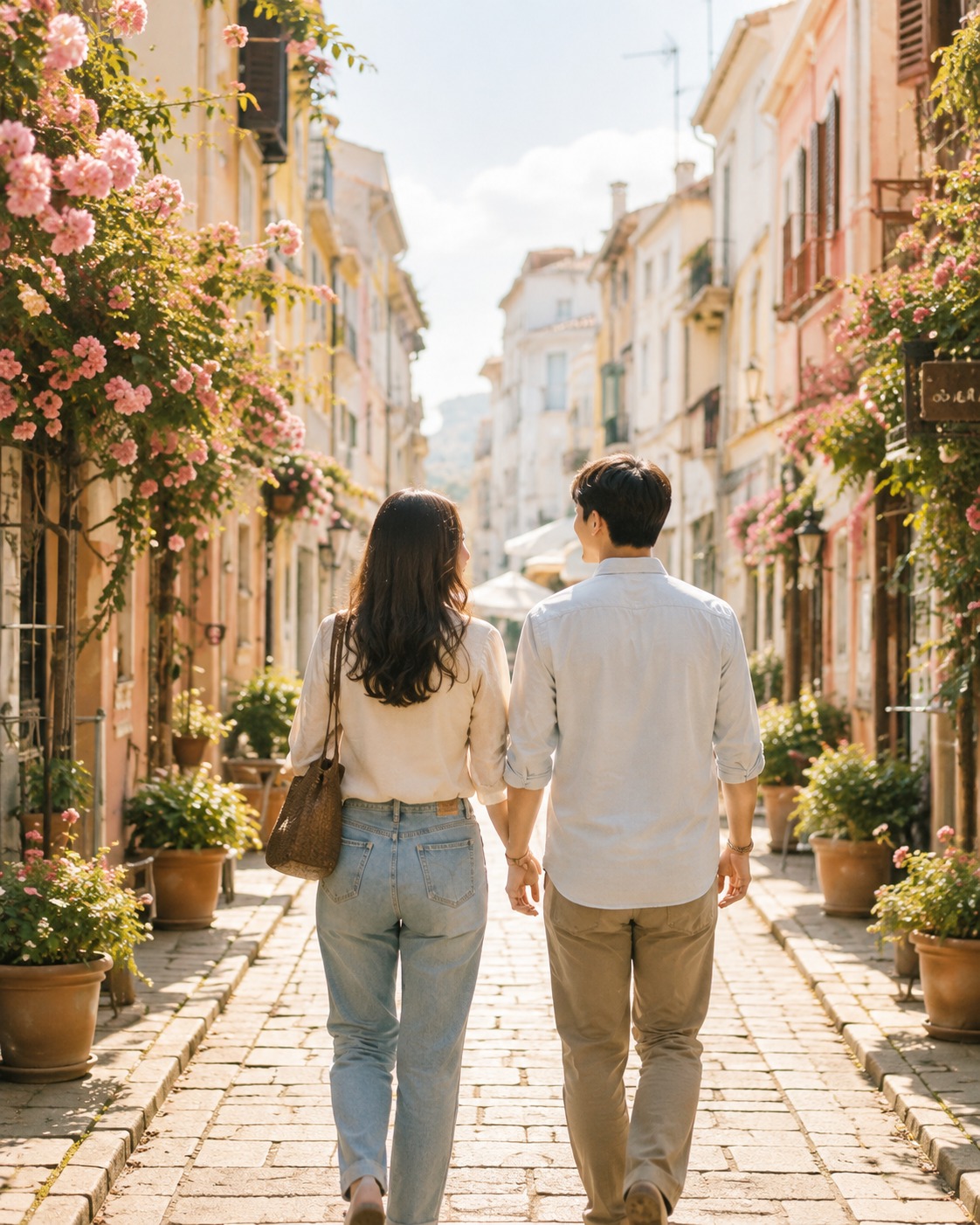Couple walking a flower-lined street