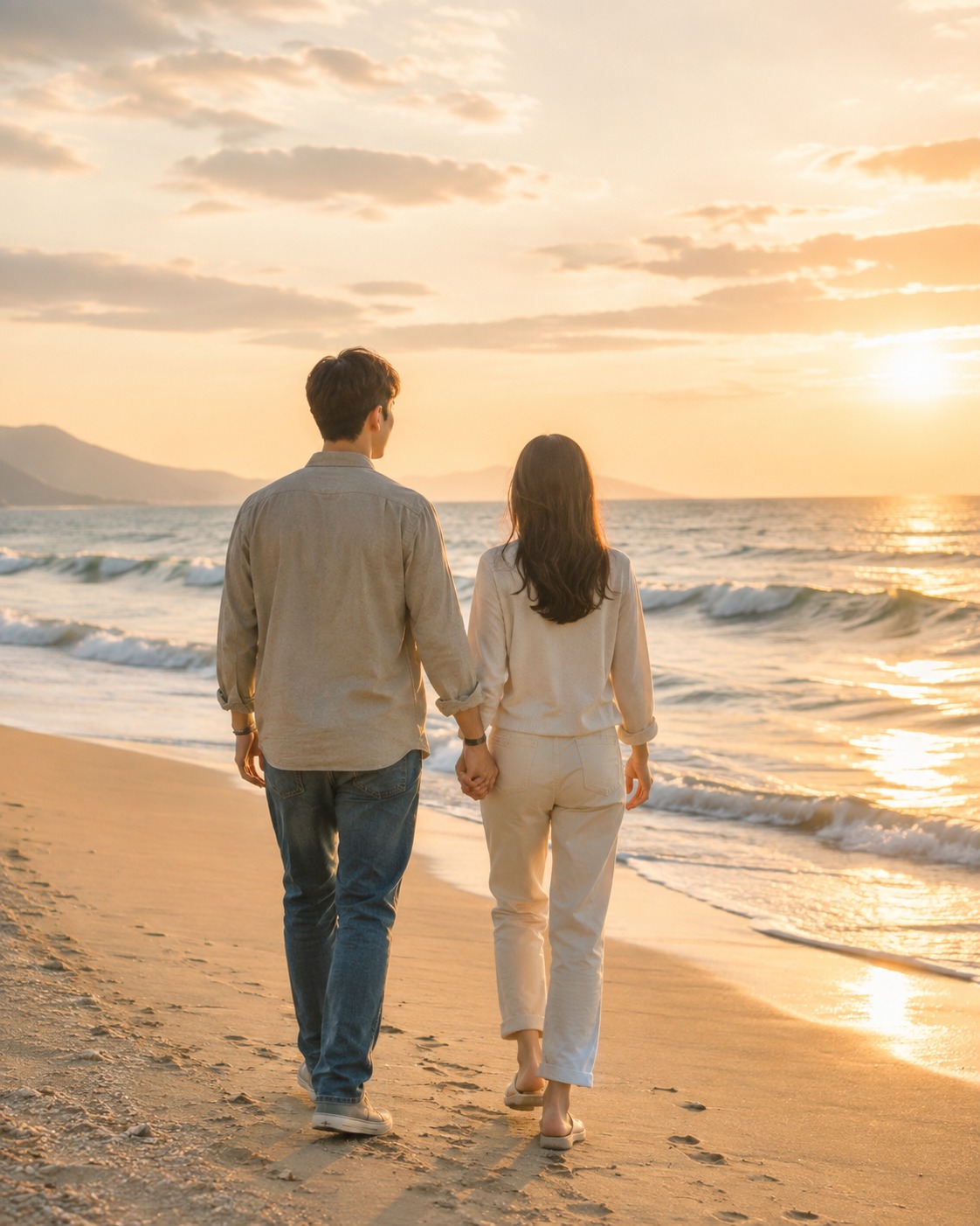 Couple walking along the beach at sunset